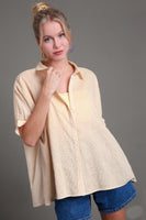 Umgee Stripped Collared Button Down Oversized Top with Short Folded Sleeves in Latte