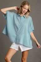 Umgee Stripped Collared Button Down Oversized Top with Short Folded Sleeves in Teal