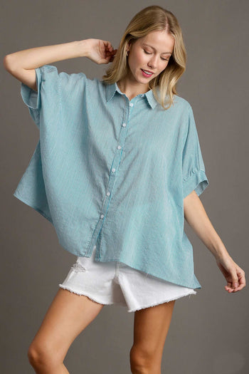 Umgee Stripped Collared Button Down Oversized Top with Short Folded Sleeves in Teal