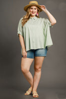 Umgee Stripped Collared Button Down Oversized Top with Short Folded Sleeves in Mint