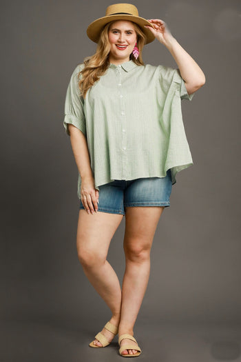 Umgee Stripped Collared Button Down Oversized Top with Short Folded Sleeves in Mint