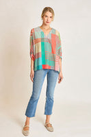 Umgee Mixed Print 3/4 Long Sleeve Top in Coral/Mint