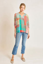 Load image into Gallery viewer, Umgee Mixed Print 3/4 Long Sleeve Top in Coral/Mint
