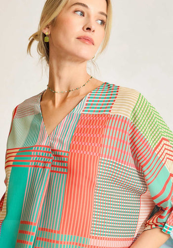 Umgee Mixed Print 3/4 Long Sleeve Top in Coral/Mint