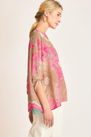 Umgee Mixed Print 3/4 Long Sleeve Top in Pink/Green