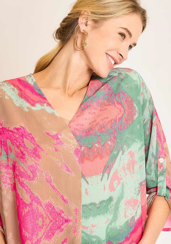 Umgee Mixed Print 3/4 Long Sleeve Top in Pink/Green