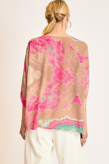 Umgee Mixed Print 3/4 Long Sleeve Top in Pink/Green