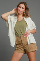 Umgee Linen Blend Top with Frayed Placket in Oatmeal