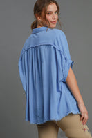 Umgee Linen Blend Top with Frayed Placket in Orchid Blue