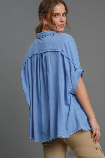 Umgee Linen Blend Top with Frayed Placket in Orchid Blue