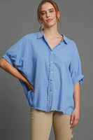 Umgee Linen Blend Top with Frayed Placket in Orchid Blue