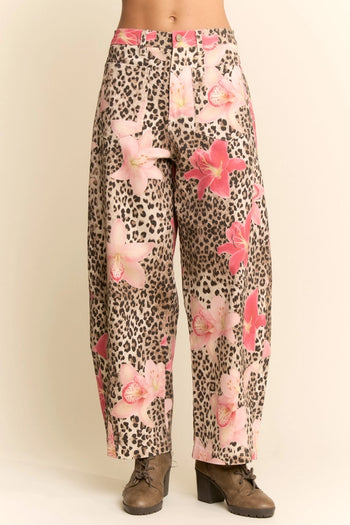 Davi & Dani Leopard and Floral Print Pants in Leopard Floral