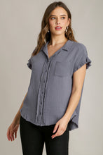 Load image into Gallery viewer, Umgee Short Sleeve Collared Button Up Top with Frayed Hem in Ash Blue
