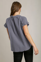 Umgee Short Sleeve Collared Button Up Top with Frayed Hem in Ash Blue