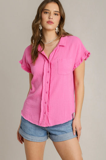 Umgee Short Sleeve Collared Button Up Top with Frayed Hem in Bubblegum