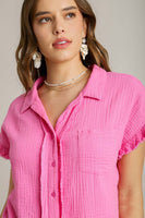 Umgee Short Sleeve Collared Button Up Top with Frayed Hem in Bubblegum