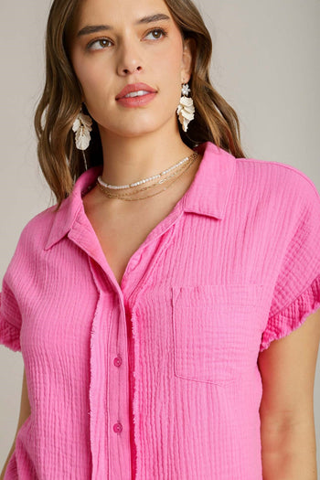 Umgee Short Sleeve Collared Button Up Top with Frayed Hem in Bubblegum
