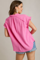 Umgee Short Sleeve Collared Button Up Top with Frayed Hem in Bubblegum
