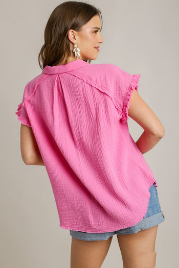 Umgee Short Sleeve Collared Button Up Top with Frayed Hem in Bubblegum