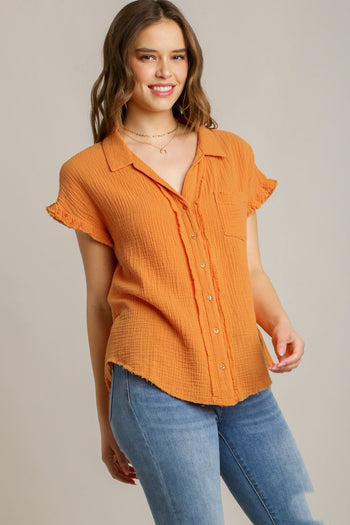 Umgee Short Sleeve Collared Button Up Top with Frayed Hem in Papaya