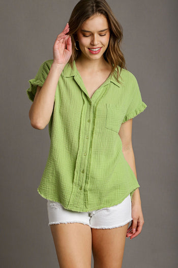 Umgee Short Sleeve Collared Button Up Top with Frayed Hem in Melon