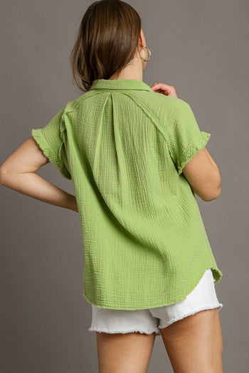 Umgee Short Sleeve Collared Button Up Top with Frayed Hem in Melon