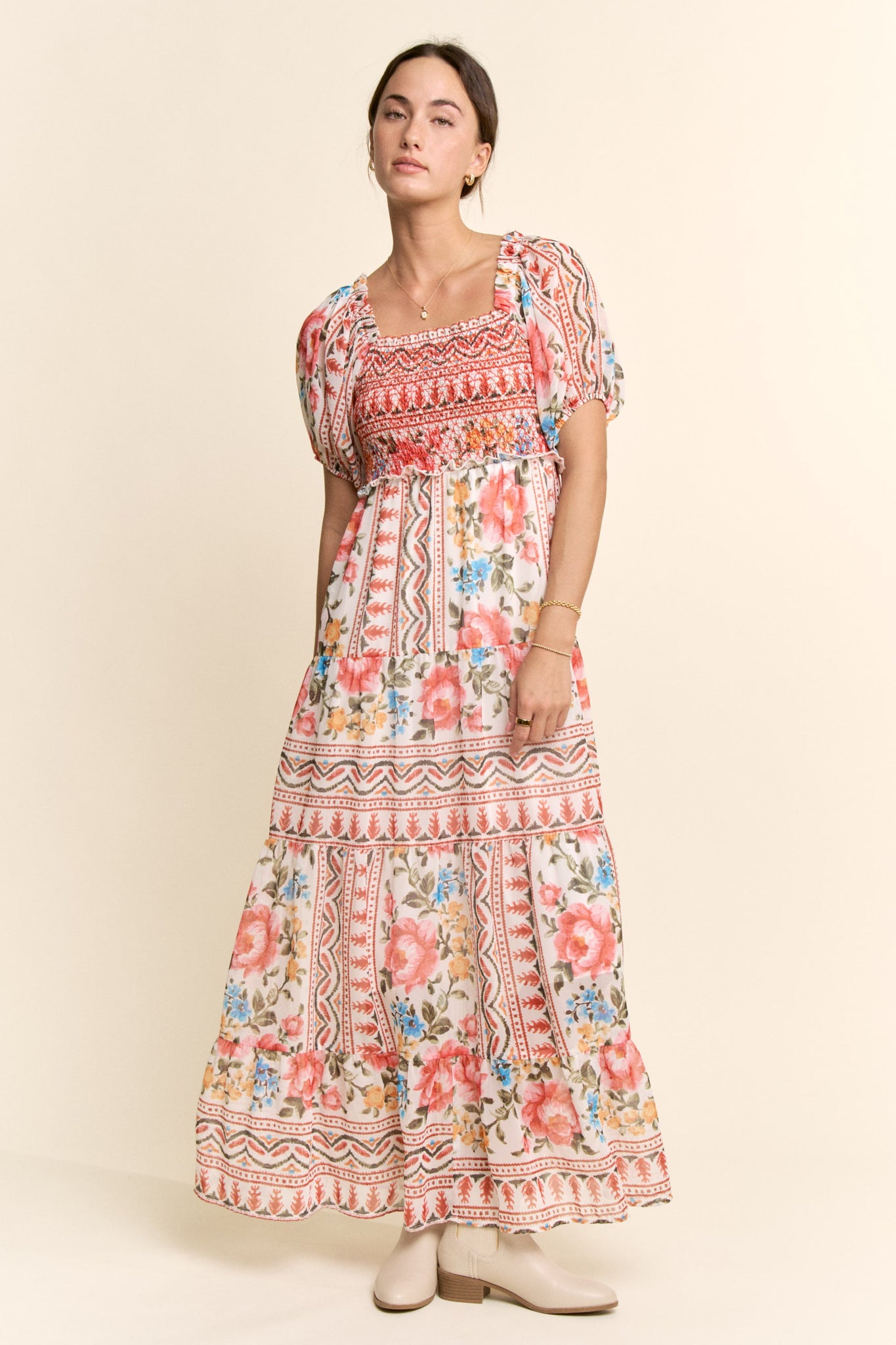 Davi & Dani Boho Floral Print Chiffon Maxi Dress in White Red S at June Adel
