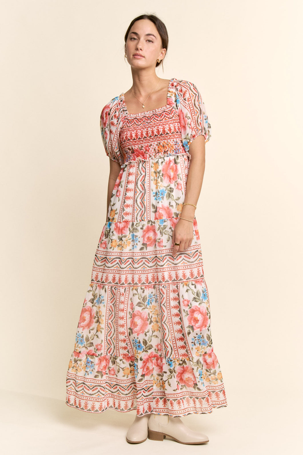 Davi & Dani Boho Floral Print Chiffon Maxi Dress in White Red – June Adel