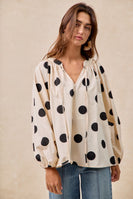 BiBi Two Toned Polka Dot Print Exaggerated Balloon Sleeve Top in Oatmeal/Black