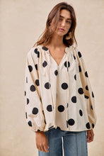 Load image into Gallery viewer, BiBi Two Toned Polka Dot Print Exaggerated Balloon Sleeve Top in Oatmeal/Black
