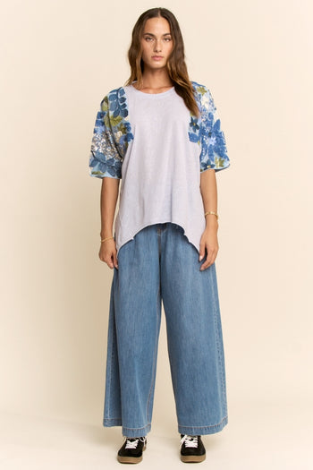 Davi & Dani Knit Top with Sequin Floral Sleeves in Light Blue
