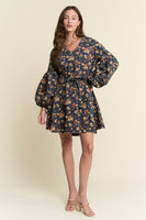 J.nna Denim Floral Print Belted Mini Dress in Dark Floral Denim