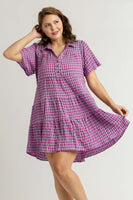 Umgee Gingham Tiered Collared Button Short Sleeve Dress with Button Detail in Purple