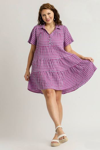 Umgee Gingham Tiered Collared Button Short Sleeve Dress with Button Detail in Purple