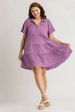 Load image into Gallery viewer, Umgee Gingham Tiered Collared Button Short Sleeve Dress with Button Detail in Purple
