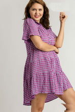 Load image into Gallery viewer, Umgee Gingham Tiered Collared Button Short Sleeve Dress with Button Detail in Purple

