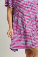 Umgee Gingham Tiered Collared Button Short Sleeve Dress with Button Detail in Purple