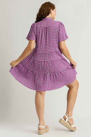 Umgee Gingham Tiered Collared Button Short Sleeve Dress with Button Detail in Purple