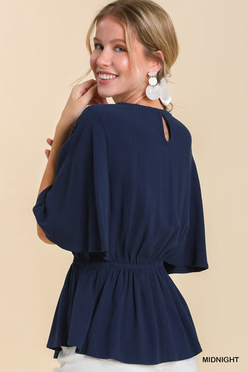 Umgee Linen Blend Top with Flower Embroidery in Midnight