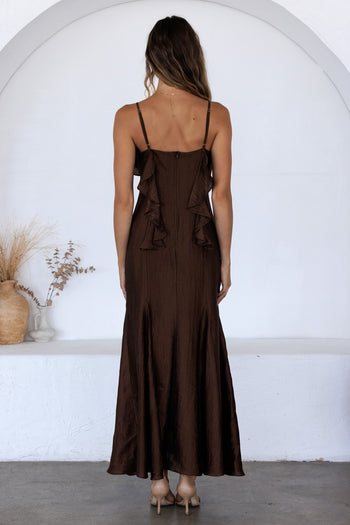 Storia Satin Ruffle V-Neck Dress in Brown