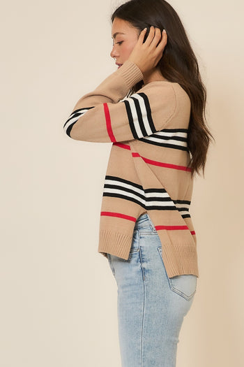 Cozy Co. Multi Striped Knit Sweater in Mocha
