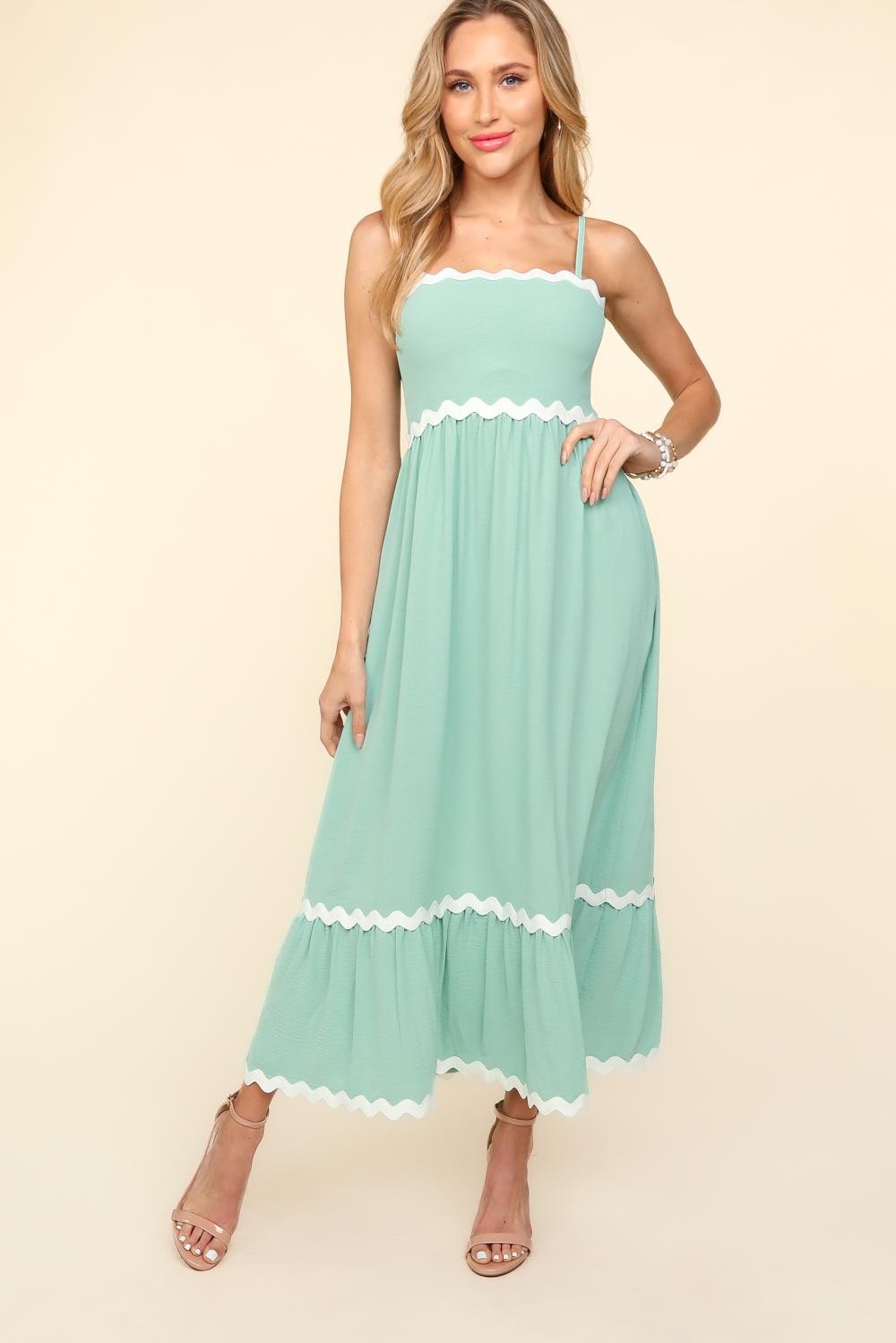 Haptics Solid Color Maxi Dress with Contrasting Ric Rac Trim in Sage