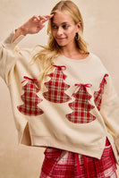 BiBi OVERSIZED Sweatshirt with Vintage Plaid Trees in Cream/Red Plaid