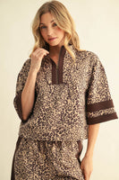 Jodifl Contrast Detail Faux Suede Leopard Top in Beige