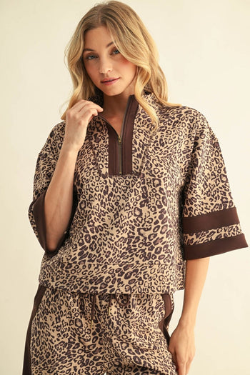 Jodifl Contrast Detail Faux Suede Leopard Top in Beige