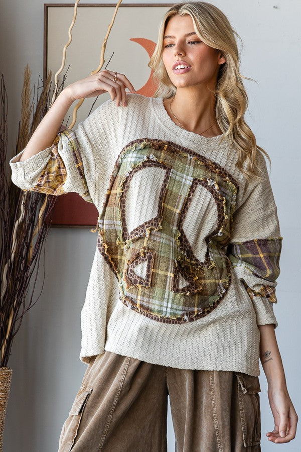 Oli & Hali Knit Top with Mixed Print Peace Sign Patch on Front in