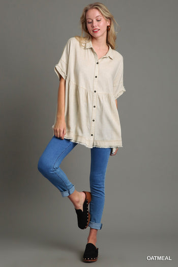 Umgee Linen Blend Collared Button Up Tiered Top in Oatmeal