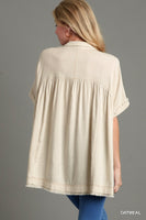 Umgee Linen Blend Collared Button Up Tiered Top in Oatmeal
