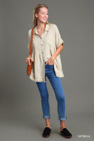 Umgee Linen Blend Collared Button Up Tiered Top in Oatmeal