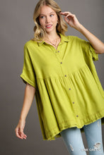 Load image into Gallery viewer, Umgee Linen Blend Collared Button Up Tiered Top in Lime Green
